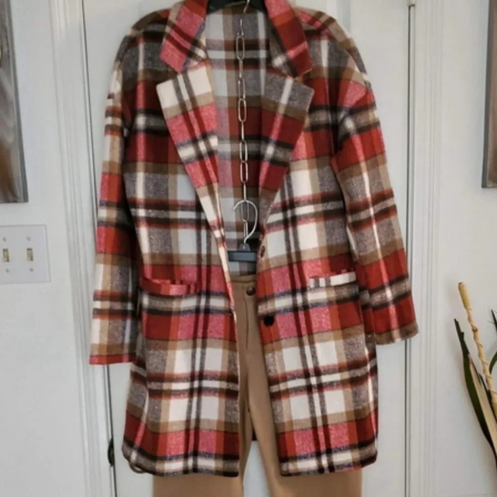 Double Pocket Lapel Neck Plaid print Casual Overcoat Jacket red - Picture 5 of 6